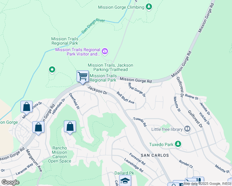 map of restaurants, bars, coffee shops, grocery stores, and more near 6545 Bell Bluff Avenue in San Diego