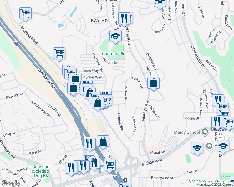 map of restaurants, bars, coffee shops, grocery stores, and more near 3235 Wheat Street in San Diego
