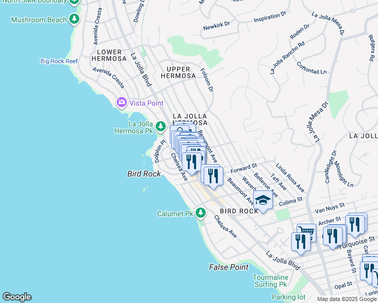 map of restaurants, bars, coffee shops, grocery stores, and more near in San Diego