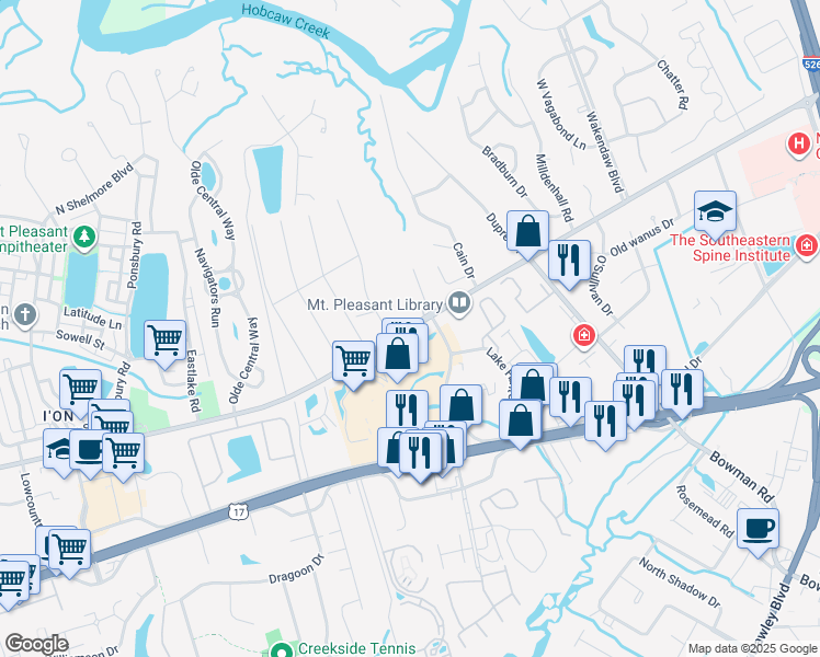 map of restaurants, bars, coffee shops, grocery stores, and more near 1123 State Road S-10-56 in Mount Pleasant