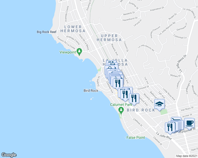 map of restaurants, bars, coffee shops, grocery stores, and more near 5735 Dolphin Place in San Diego