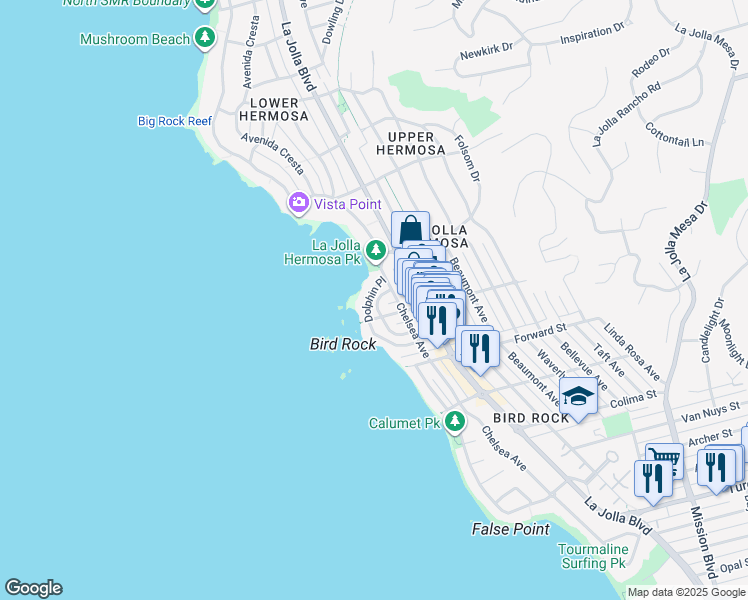 map of restaurants, bars, coffee shops, grocery stores, and more near 5735 Dolphin Place in San Diego
