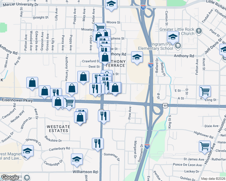 map of restaurants, bars, coffee shops, grocery stores, and more near 2442 Adams Avenue in Macon