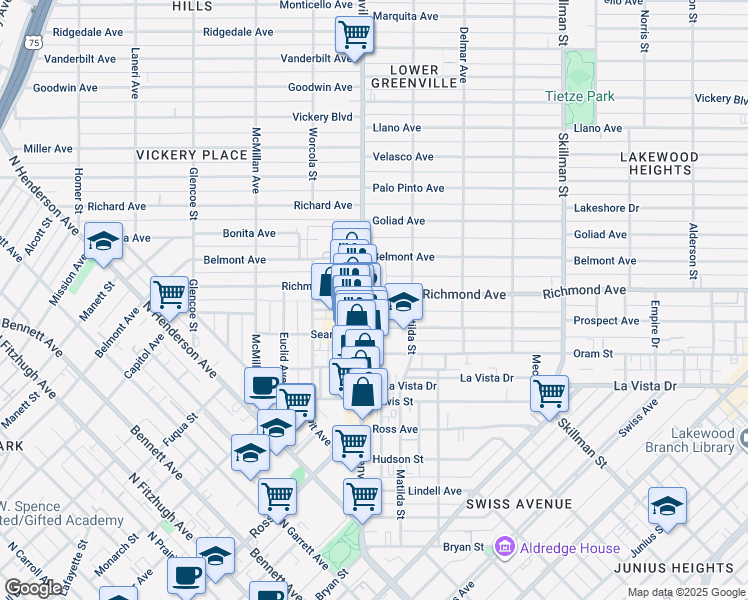 map of restaurants, bars, coffee shops, grocery stores, and more near 5714 Richmond Avenue in Dallas