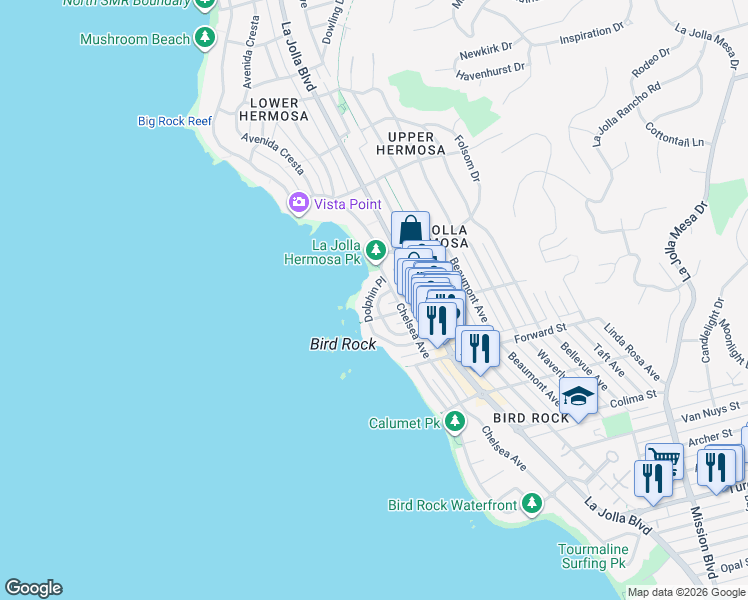 map of restaurants, bars, coffee shops, grocery stores, and more near 5735 Dolphin Place in San Diego