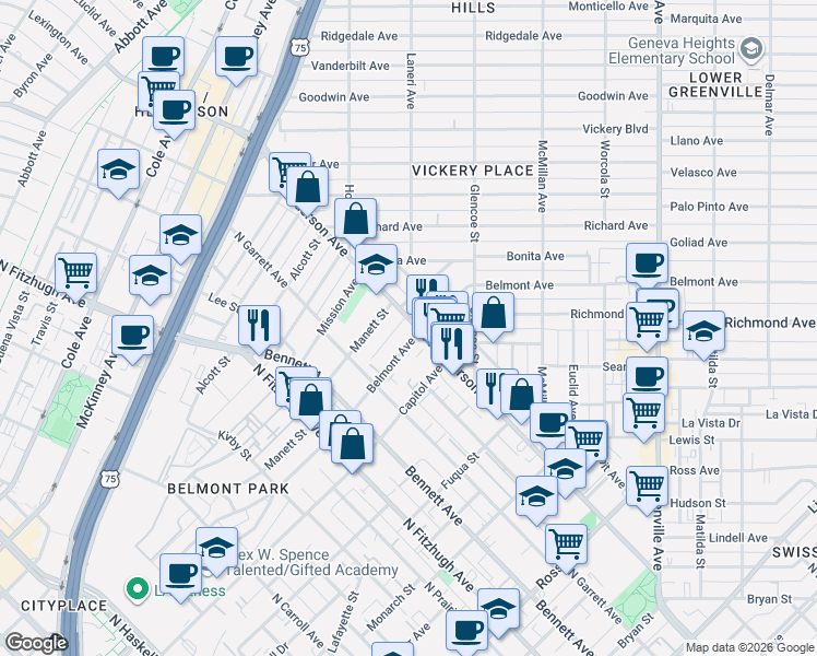 map of restaurants, bars, coffee shops, grocery stores, and more near 5235 Belmont Avenue in Dallas