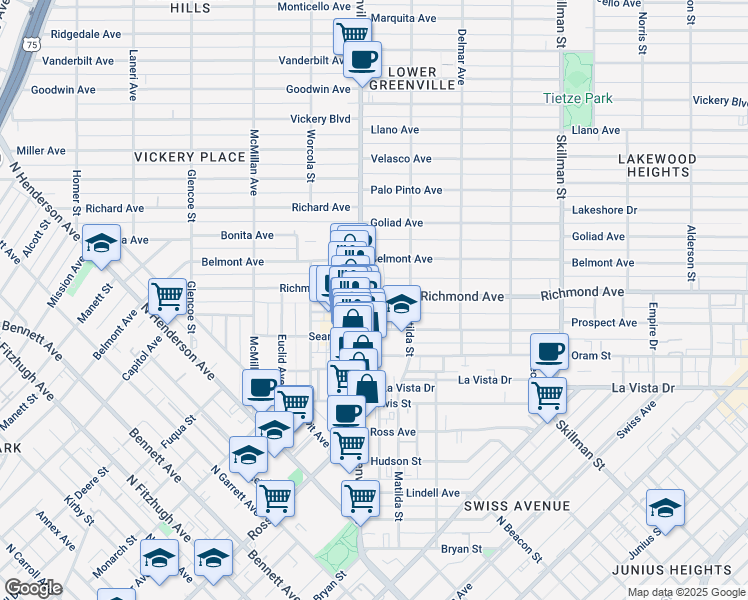 map of restaurants, bars, coffee shops, grocery stores, and more near 5702 Richmond Avenue in Dallas