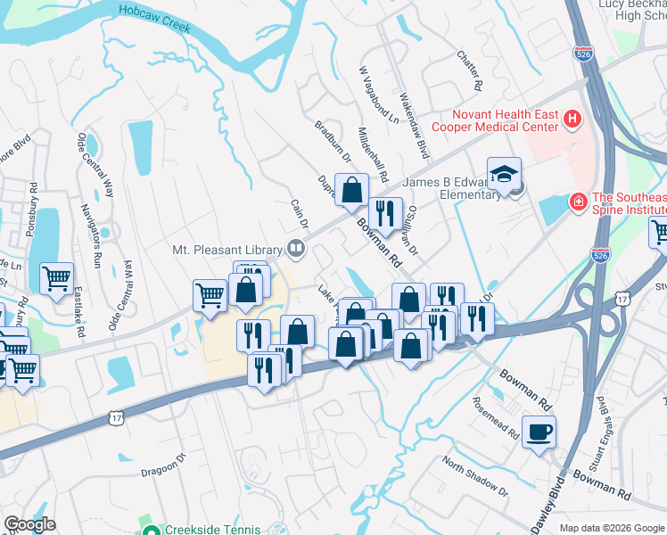 map of restaurants, bars, coffee shops, grocery stores, and more near 998 Lake Hunter Circle in Mount Pleasant