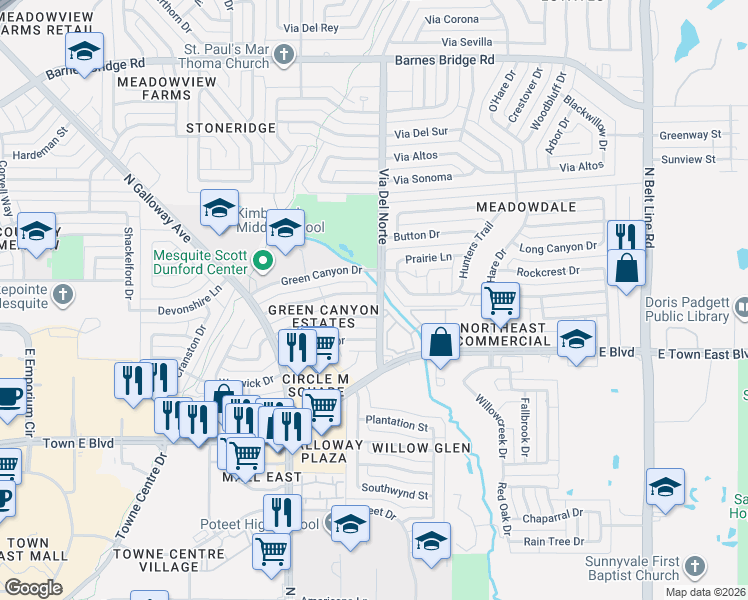 map of restaurants, bars, coffee shops, grocery stores, and more near 803 Meandering Way in Mesquite