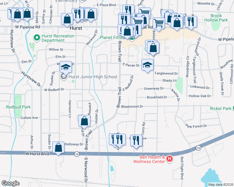 map of restaurants, bars, coffee shops, grocery stores, and more near 503 Brown Trail in Hurst