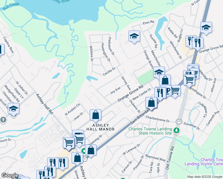 map of restaurants, bars, coffee shops, grocery stores, and more near 1429 Joy Avenue in Charleston