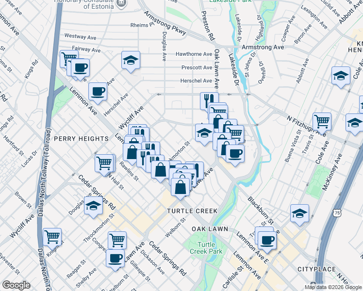 map of restaurants, bars, coffee shops, grocery stores, and more near 3717 Throckmorton Street in Dallas