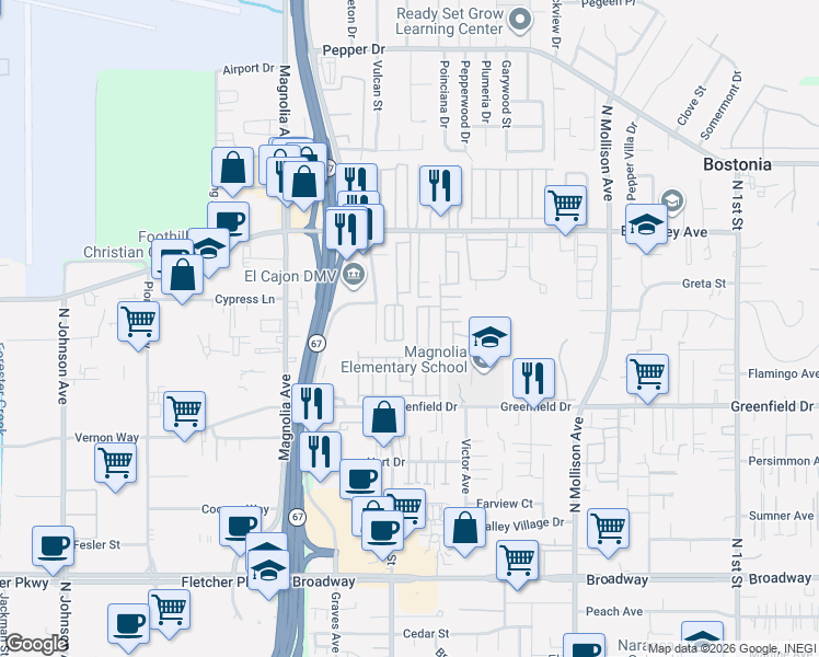 map of restaurants, bars, coffee shops, grocery stores, and more near Graves Lane in El Cajon