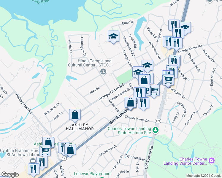 map of restaurants, bars, coffee shops, grocery stores, and more near 1329 Orange Grove Road in Charleston