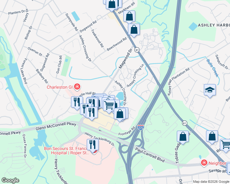 map of restaurants, bars, coffee shops, grocery stores, and more near 2235 Ashley Crossing Drive in Charleston