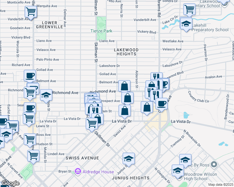 map of restaurants, bars, coffee shops, grocery stores, and more near 6161 Prospect Avenue in Dallas