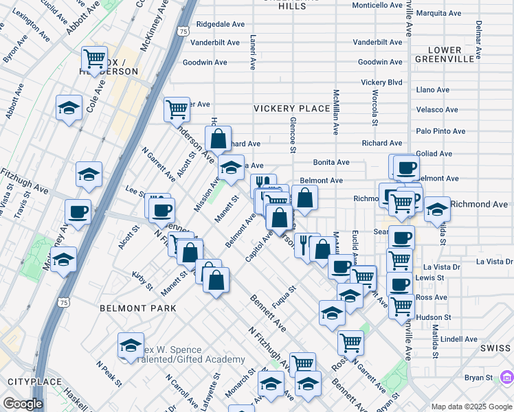map of restaurants, bars, coffee shops, grocery stores, and more near 5225 Belmont Avenue in Dallas