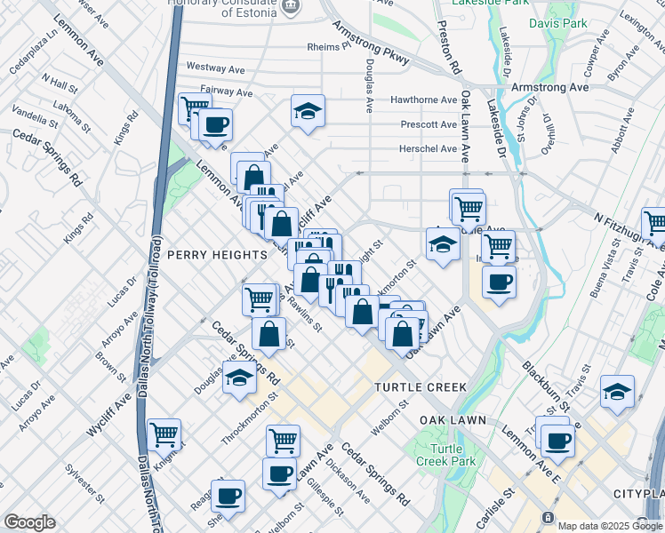 map of restaurants, bars, coffee shops, grocery stores, and more near 4107 Bowser Avenue in Dallas