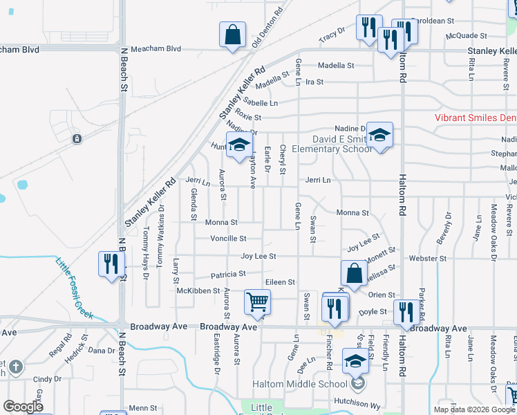 map of restaurants, bars, coffee shops, grocery stores, and more near 3609 Layton Avenue in Haltom City