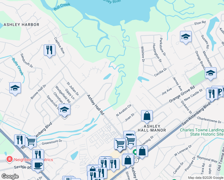 map of restaurants, bars, coffee shops, grocery stores, and more near 1533 South Pinebark Lane in Charleston