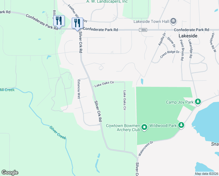 map of restaurants, bars, coffee shops, grocery stores, and more near 4201 Lake Oaks Circle in Fort Worth