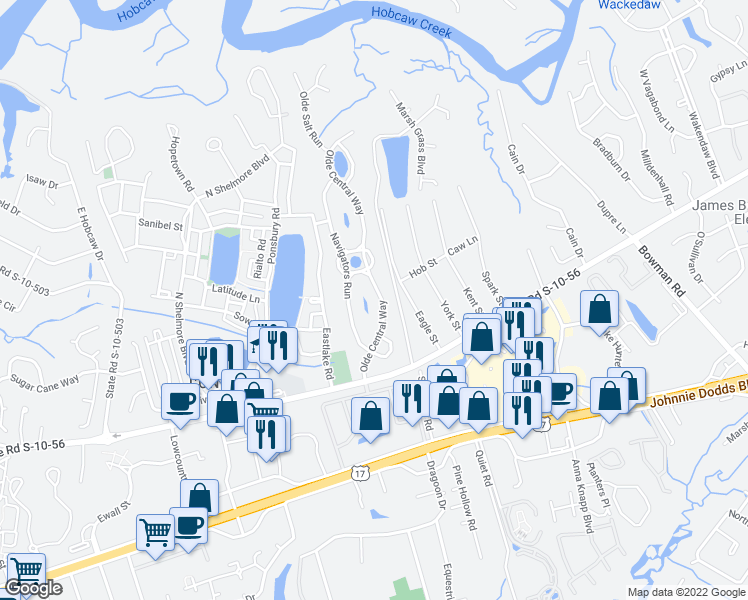 map of restaurants, bars, coffee shops, grocery stores, and more near 787 Olde Central Way in Mount Pleasant