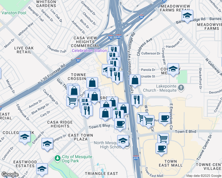 map of restaurants, bars, coffee shops, grocery stores, and more near 3757 Towne Crossing Boulevard in Mesquite