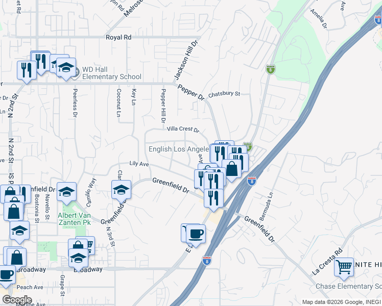 map of restaurants, bars, coffee shops, grocery stores, and more near 1545 Meadow Road in El Cajon