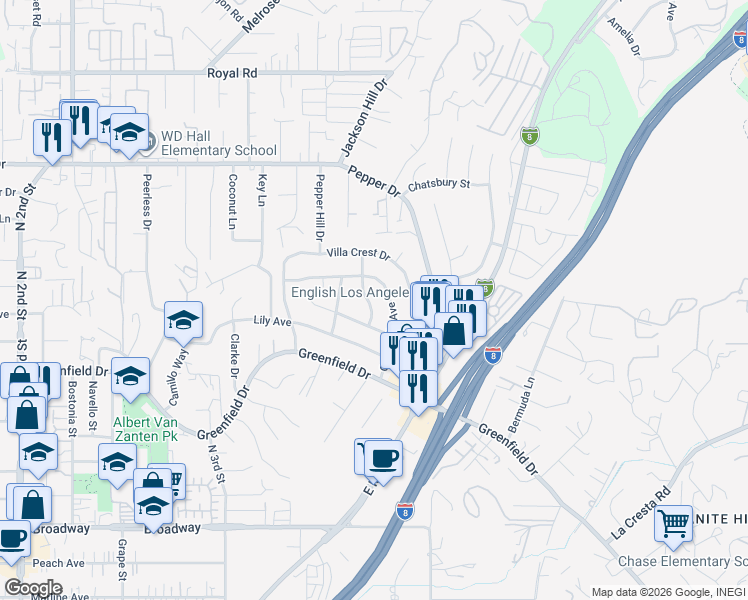 map of restaurants, bars, coffee shops, grocery stores, and more near 1545 Meadow Road in El Cajon