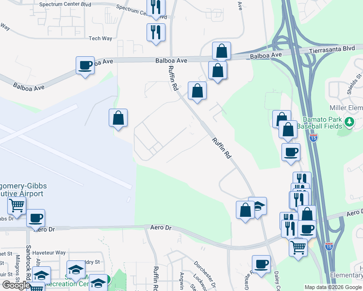 map of restaurants, bars, coffee shops, grocery stores, and more near 9280 Sky Park Court in San Diego
