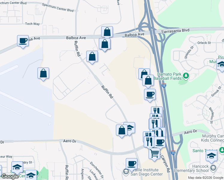 map of restaurants, bars, coffee shops, grocery stores, and more near 4033 Ruffin Road in San Diego