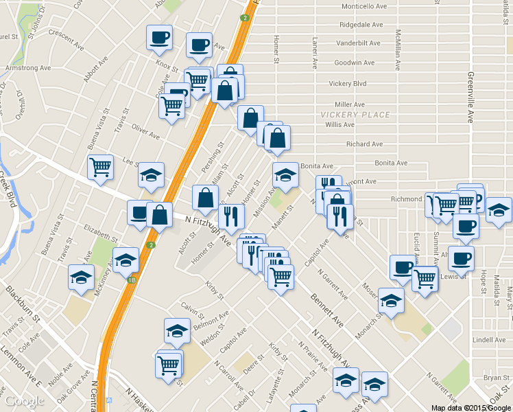 map of restaurants, bars, coffee shops, grocery stores, and more near 5033 Mission Avenue in Dallas