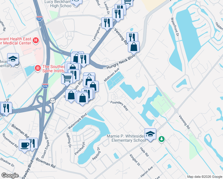 map of restaurants, bars, coffee shops, grocery stores, and more near 1420 Midtown Avenue in Mount Pleasant