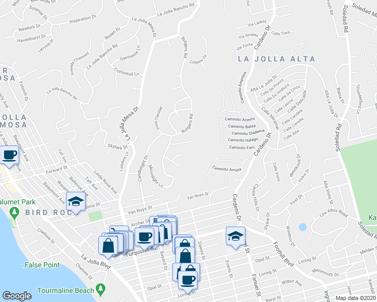 map of restaurants, bars, coffee shops, grocery stores, and more near 5560 Via Callado in San Diego