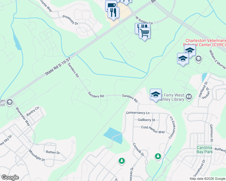 map of restaurants, bars, coffee shops, grocery stores, and more near 3184 Sanders Road in Charleston
