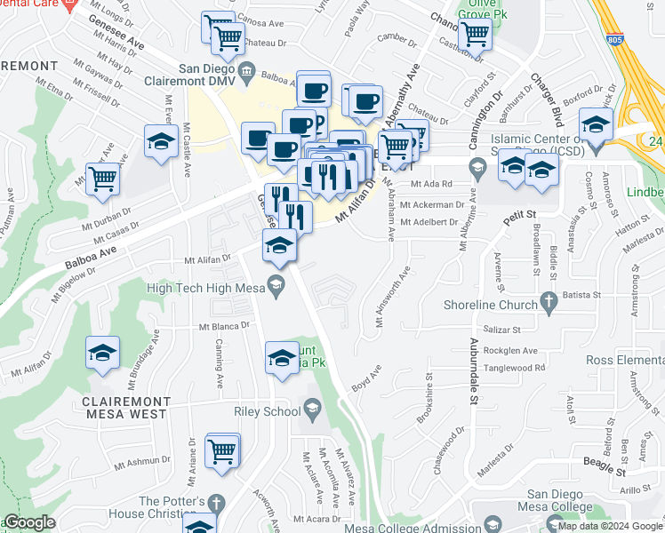 map of restaurants, bars, coffee shops, grocery stores, and more near 4185 Mount Alifan Drive in San Diego