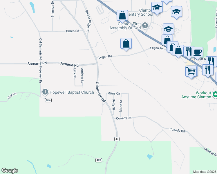 map of restaurants, bars, coffee shops, grocery stores, and more near 108 Colonial Circle in Clanton