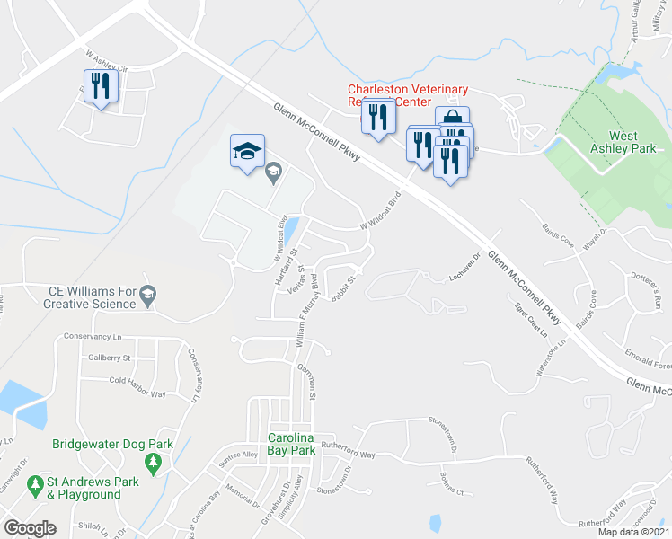 map of restaurants, bars, coffee shops, grocery stores, and more near 4122 Perrine Street in Charleston
