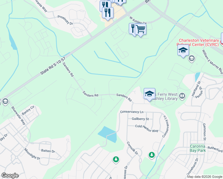 map of restaurants, bars, coffee shops, grocery stores, and more near 3182 Sanders Road in Charleston