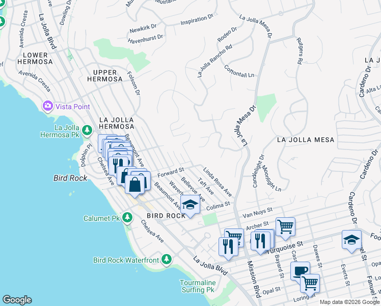 map of restaurants, bars, coffee shops, grocery stores, and more near 838 Forward Street in San Diego