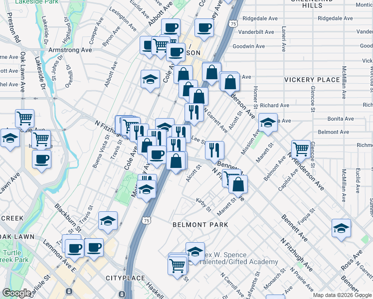 map of restaurants, bars, coffee shops, grocery stores, and more near 4164 North Central Expressway in Dallas
