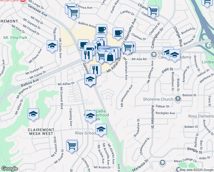 map of restaurants, bars, coffee shops, grocery stores, and more near 4185 Mount Bigelow Way in San Diego