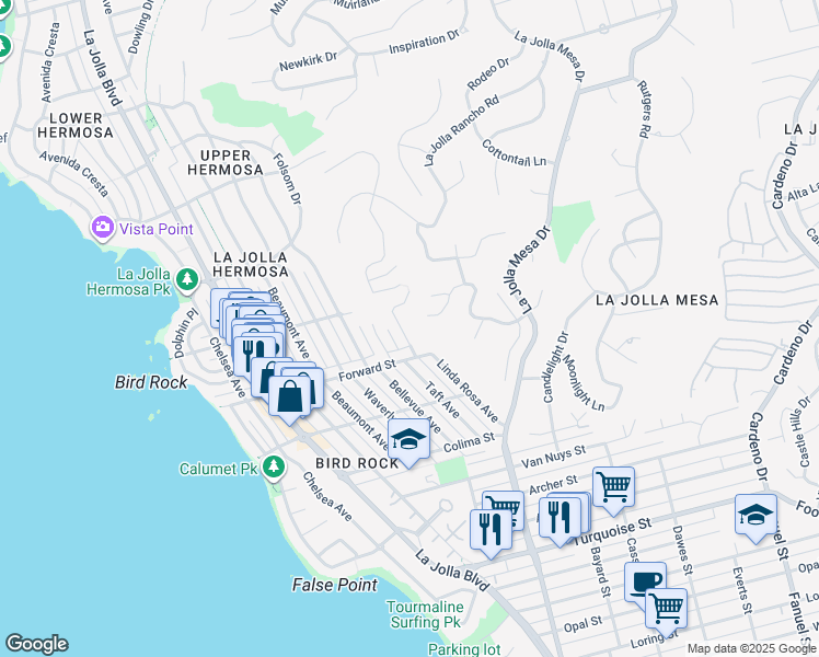 map of restaurants, bars, coffee shops, grocery stores, and more near 5643 Linda Rosa Avenue in San Diego