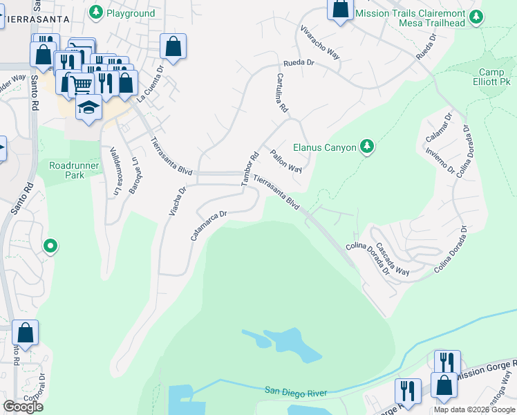 map of restaurants, bars, coffee shops, grocery stores, and more near 3971 Catamarca Drive in San Diego