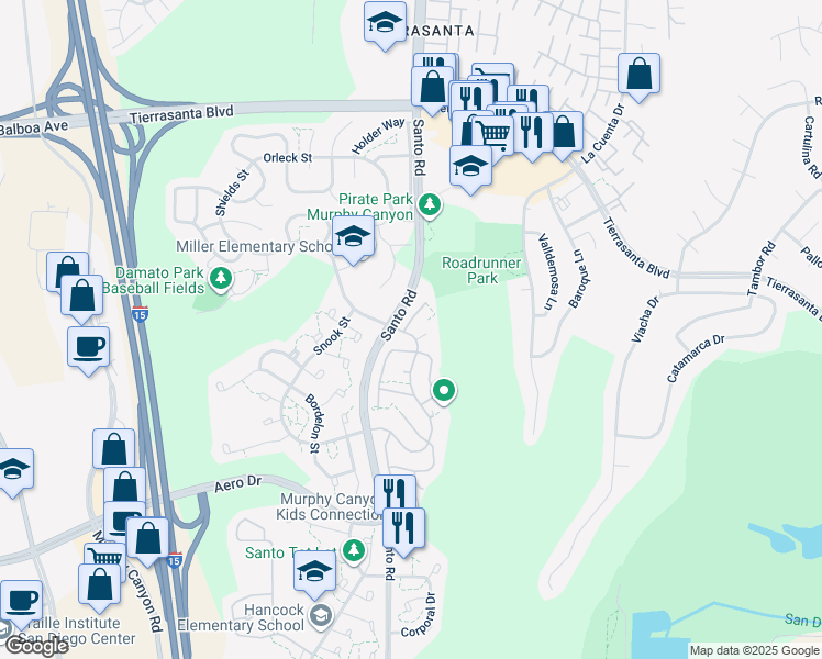 map of restaurants, bars, coffee shops, grocery stores, and more near 4144 Spearfish Ln in San Diego