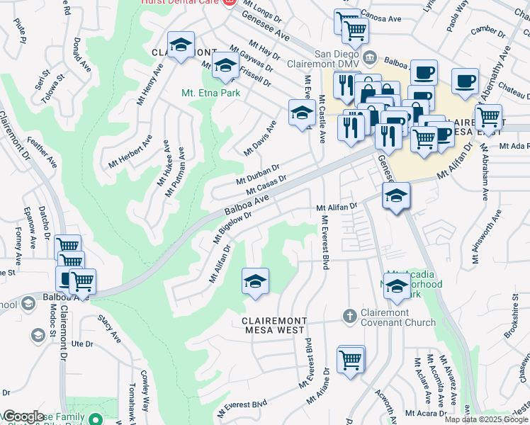 map of restaurants, bars, coffee shops, grocery stores, and more near 4836 Mount Alifan Drive in San Diego