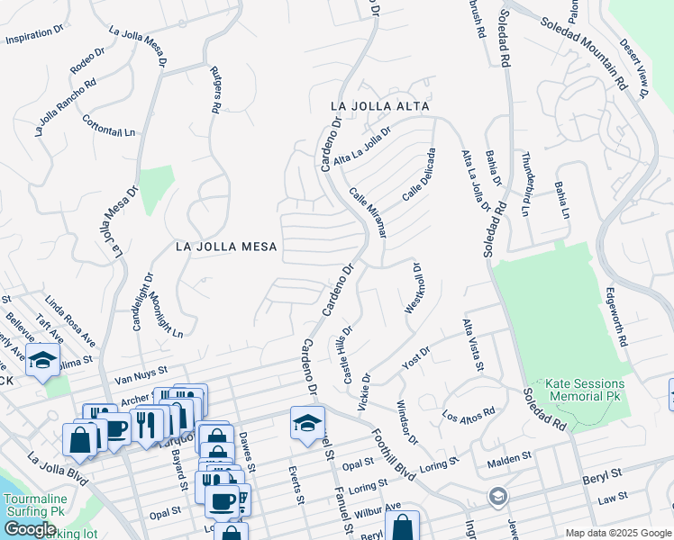 map of restaurants, bars, coffee shops, grocery stores, and more near 1394 Caminito Balada in San Diego