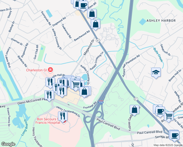 map of restaurants, bars, coffee shops, grocery stores, and more near 1900 Ashley Crossing Drive in Charleston