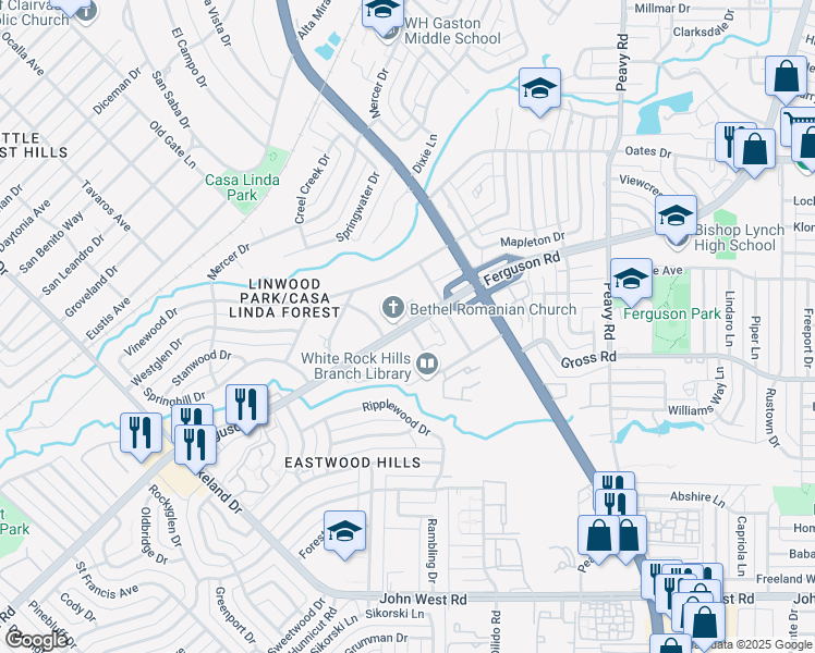 map of restaurants, bars, coffee shops, grocery stores, and more near 9220 Ferguson Road in Dallas