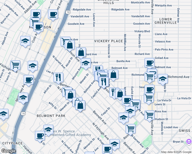 map of restaurants, bars, coffee shops, grocery stores, and more near 5225 Belmont Avenue in Dallas